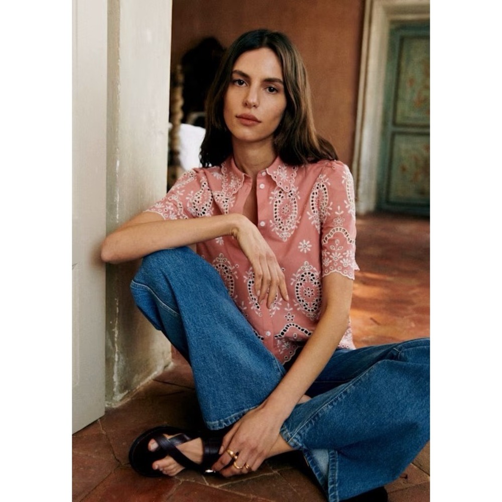 Sezane Elvira Organic Cotton Blouse in Pink Eyelet Embroidery | Size 38 (Medium)